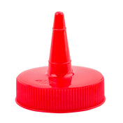 A bright red 38mm squeeze bottle top with a ribbed base for grip and a tall, narrow cone tip designed for precise dispensing. The cap is shown on a plain white background.