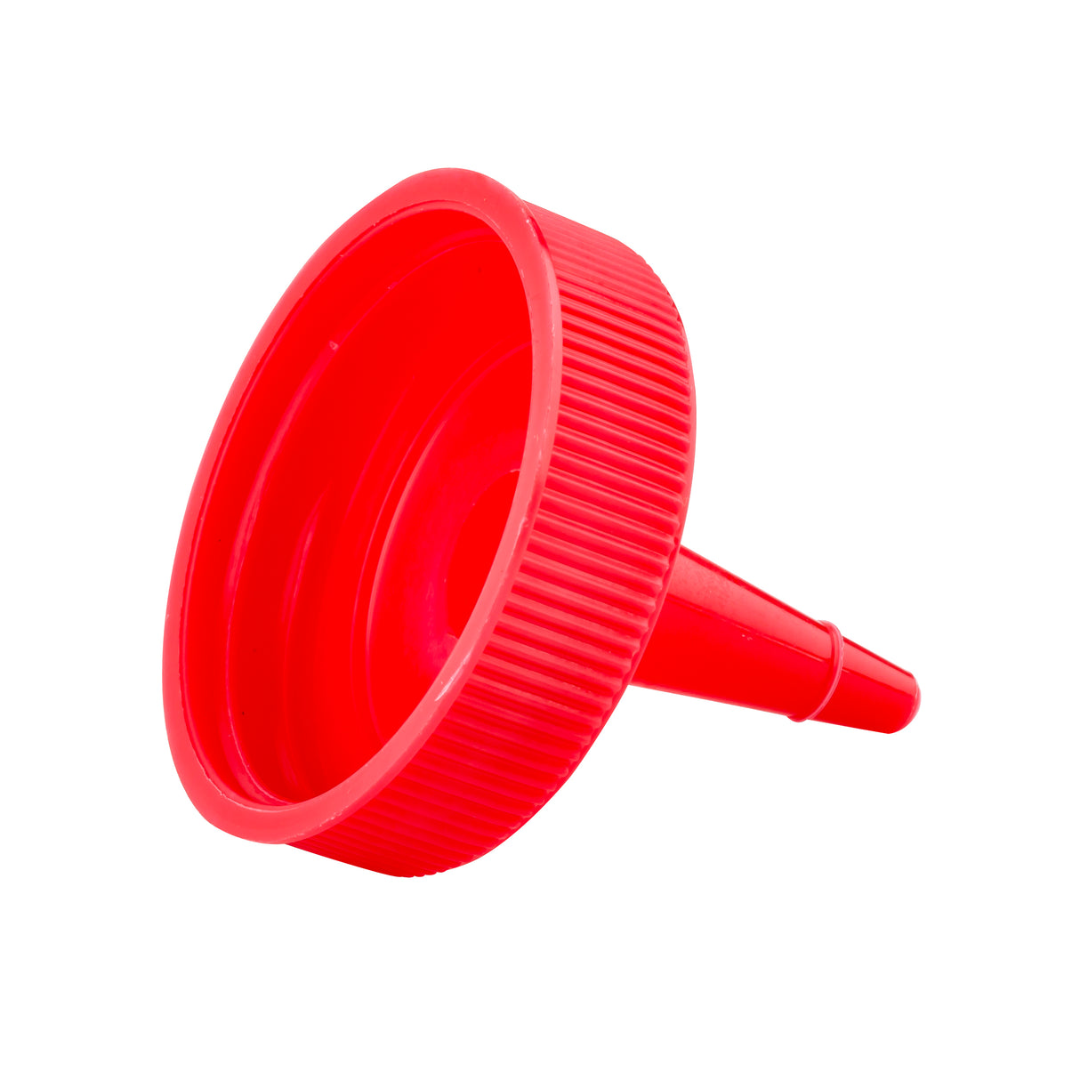 A bright red plastic funnel with a wide, flat-rimmed top and a narrow, cone tip spout. The rim has ridged sides for grip. Similar to a 38mm squeeze bottle top, it's isolated on white, showing both the opening and spout clearly.