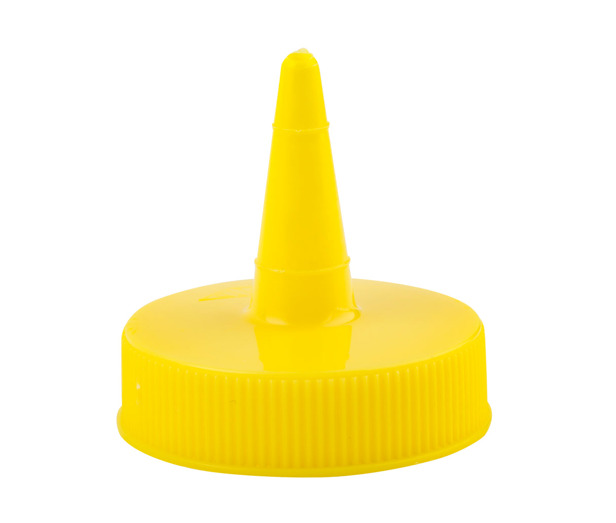 A bright yellow plastic 38mm squeeze bottle top with a pointed nozzle, commonly used as a dispenser lid for condiments like mustard or ketchup. The round cap has a ribbed edge for grip, is dishwasher safe, and features a tall spout for precise pouring.