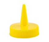 A bright yellow plastic 38mm squeeze bottle top with a pointed nozzle, commonly used as a dispenser lid for condiments like mustard or ketchup. The round cap has a ribbed edge for grip, is dishwasher safe, and features a tall spout for precise pouring.