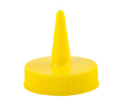 A bright yellow plastic 38mm squeeze bottle top with a pointed nozzle, commonly used as a dispenser lid for condiments like mustard or ketchup. The round cap has a ribbed edge for grip, is dishwasher safe, and features a tall spout for precise pouring.