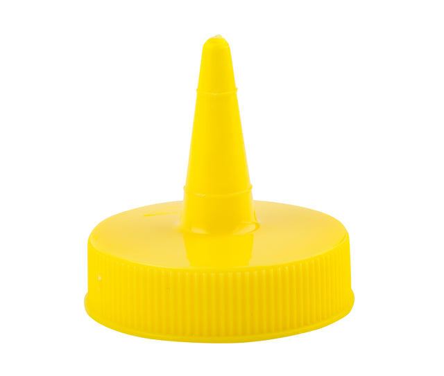 A bright yellow plastic 38mm squeeze bottle top with a pointed nozzle, commonly used as a dispenser lid for condiments like mustard or ketchup. The round cap has a ribbed edge for grip, is dishwasher safe, and features a tall spout for precise pouring.