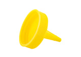 A small, bright yellow plastic funnel with a wide ribbed top and a narrow spout, designed to fit a 38mm squeeze bottle top. Placed on a white background, it is angled slightly to show the inside and the tapered spout pointing lower right.