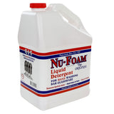 A 1-gallon white plastic jug of Nu-Foam Liquid Detergent for washing by hand bar glassware, with a red cap, blue and red label, and text highlighting its effectiveness at removing lipstick stains, being gentle on hands, and made in the USA.