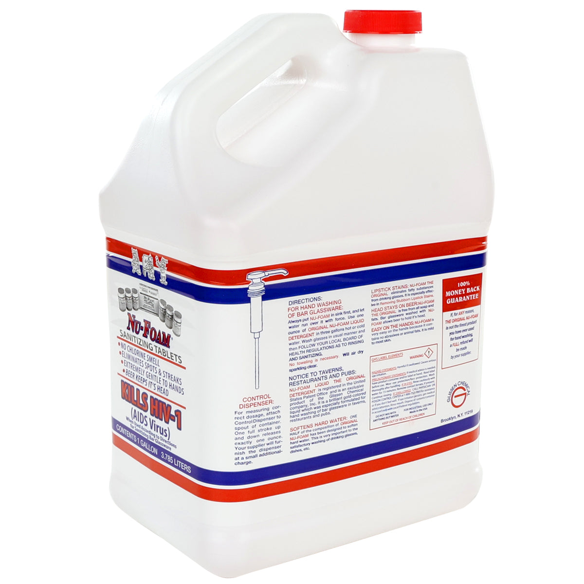 A white 2.5-gallon plastic jug with a red cap, blue and red labeling, and carrying handle. The label highlights its power as a glassware detergent for bar glassware, with directions, warnings, and bold graphics detailing its disinfecting strength.