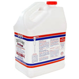 A white 2.5-gallon plastic jug with a red cap, blue and red labeling, and carrying handle. The label highlights its power as a glassware detergent for bar glassware, with directions, warnings, and bold graphics detailing its disinfecting strength.
