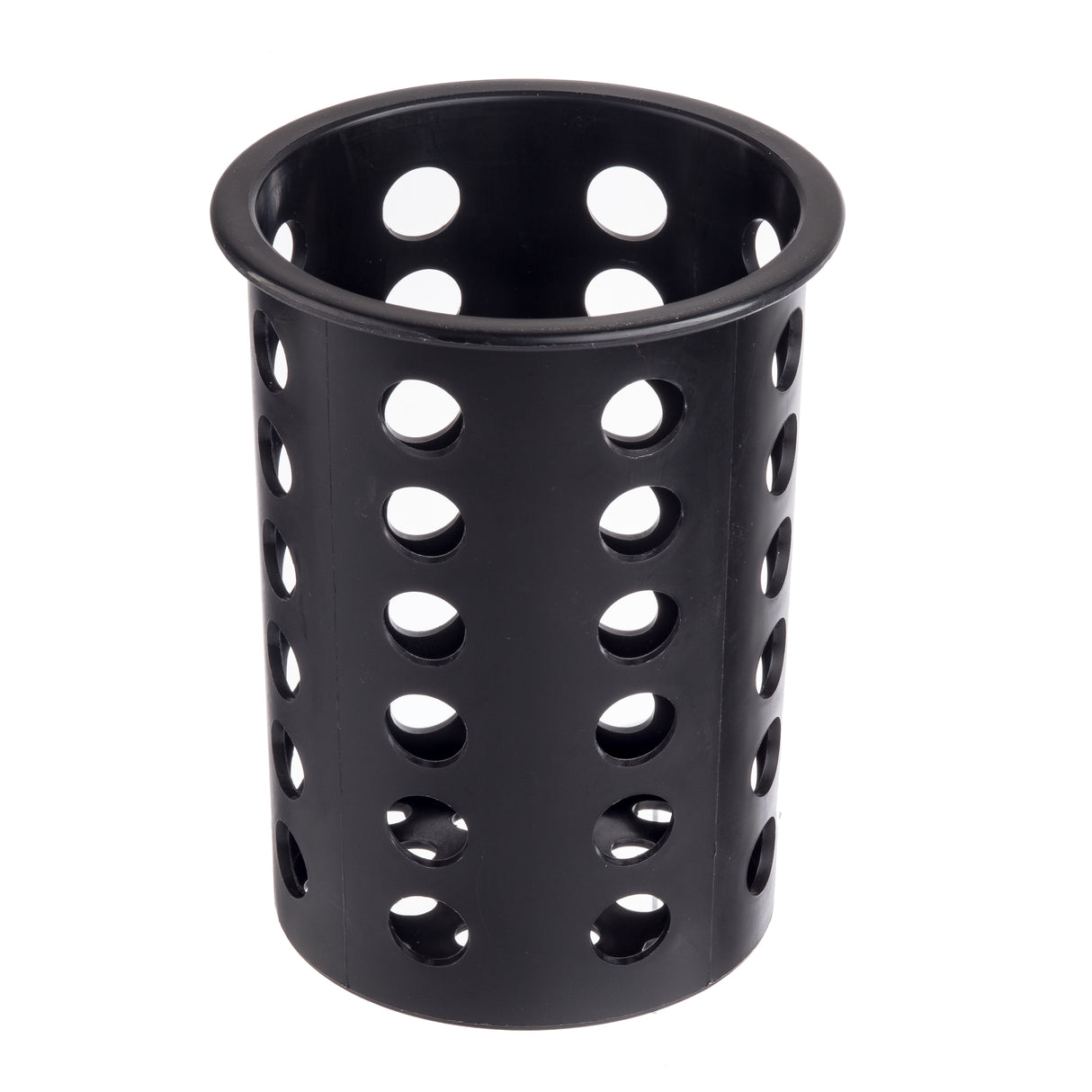 A black, cylindrical polypropylene flatware cylinder from TableCraft with an open top and flared rim. Evenly spaced circular holes on the sides provide ventilation and drainage. The background is completely white.