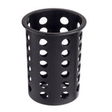 A black, cylindrical polypropylene flatware cylinder from TableCraft with an open top and flared rim. Evenly spaced circular holes on the sides provide ventilation and drainage. The background is completely white.