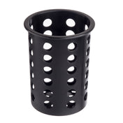 A black, cylindrical polypropylene flatware cylinder from TableCraft with an open top and flared rim. Evenly spaced circular holes on the sides provide ventilation and drainage. The background is completely white.