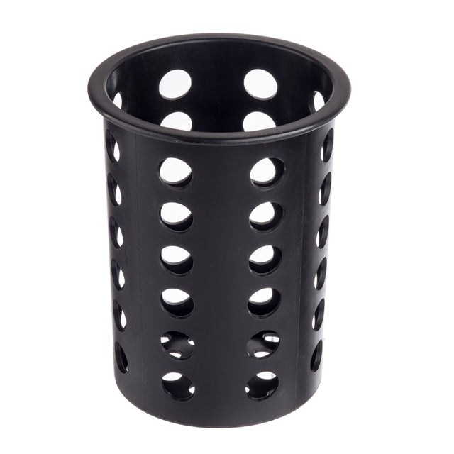 A black, cylindrical polypropylene flatware cylinder from TableCraft with an open top and flared rim. Evenly spaced circular holes on the sides provide ventilation and drainage. The background is completely white.