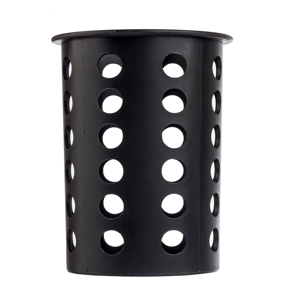 A black TableCraft flatware cylinder made of durable polypropylene, featuring evenly spaced circular holes on all sides and a slightly flared top edge. The container is photographed against a white background.