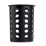A black TableCraft flatware cylinder made of durable polypropylene, featuring evenly spaced circular holes on all sides and a slightly flared top edge. The container is photographed against a white background.