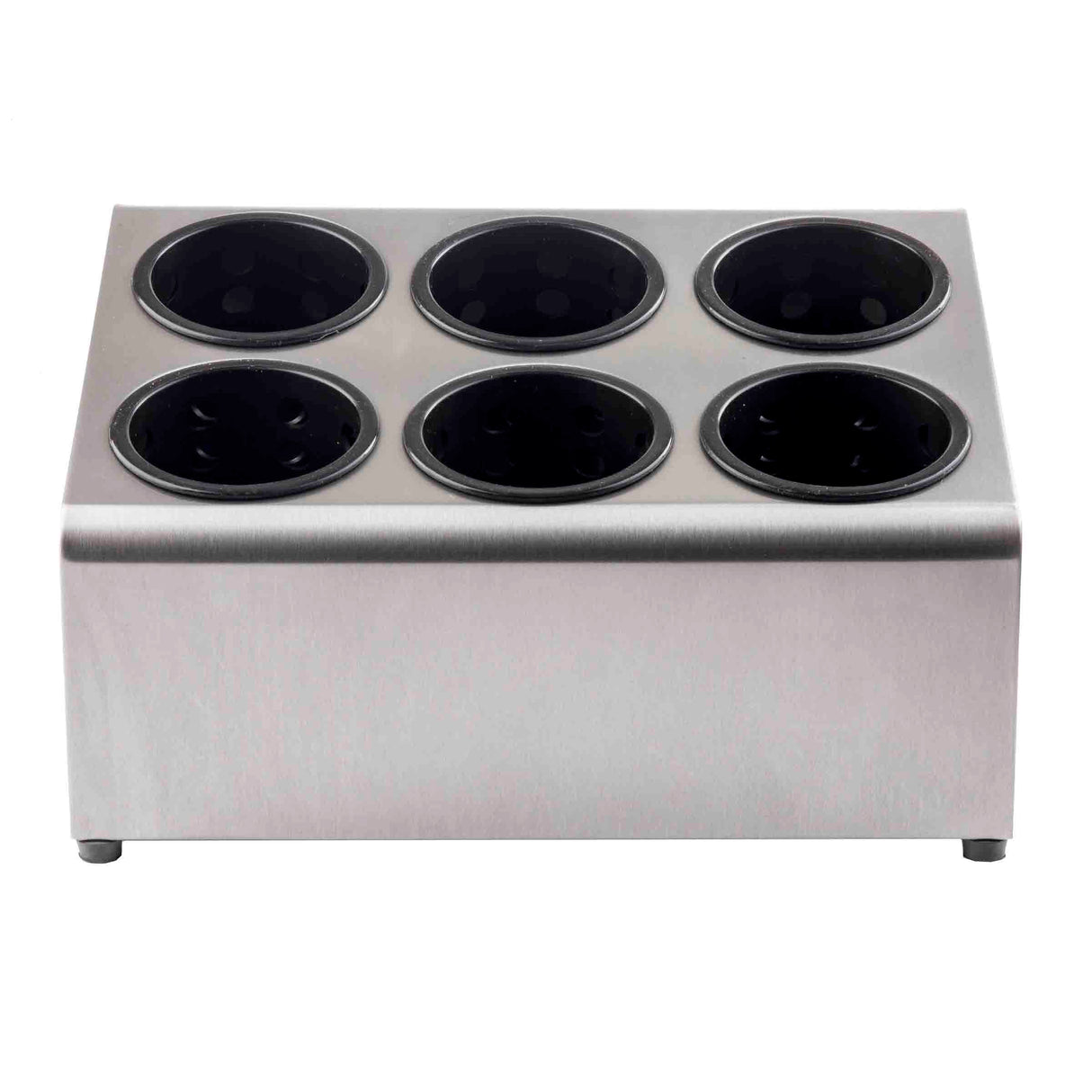 A stainless steel flatware cylinder holder with six circular compartments arranged in two rows of three, designed for organizing kitchen tools. The smooth metallic surface and black-lined openings make it both sleek and dishwasher safe.