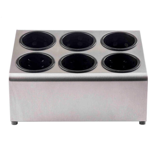 A stainless steel flatware cylinder holder with six circular compartments arranged in two rows of three, designed for organizing kitchen tools. The smooth metallic surface and black-lined openings make it both sleek and dishwasher safe.