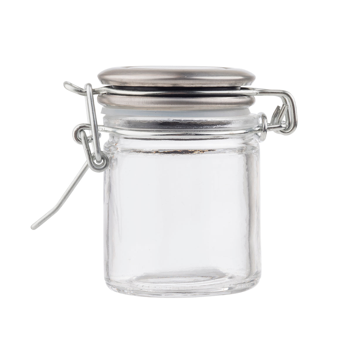 A small, empty clear glass spice jar with a resealable stainless steel clamp lid is shown against a plain white background. The cylindrical jar features smooth sides, a round base, and a secure hinged latch with wire clasp.
