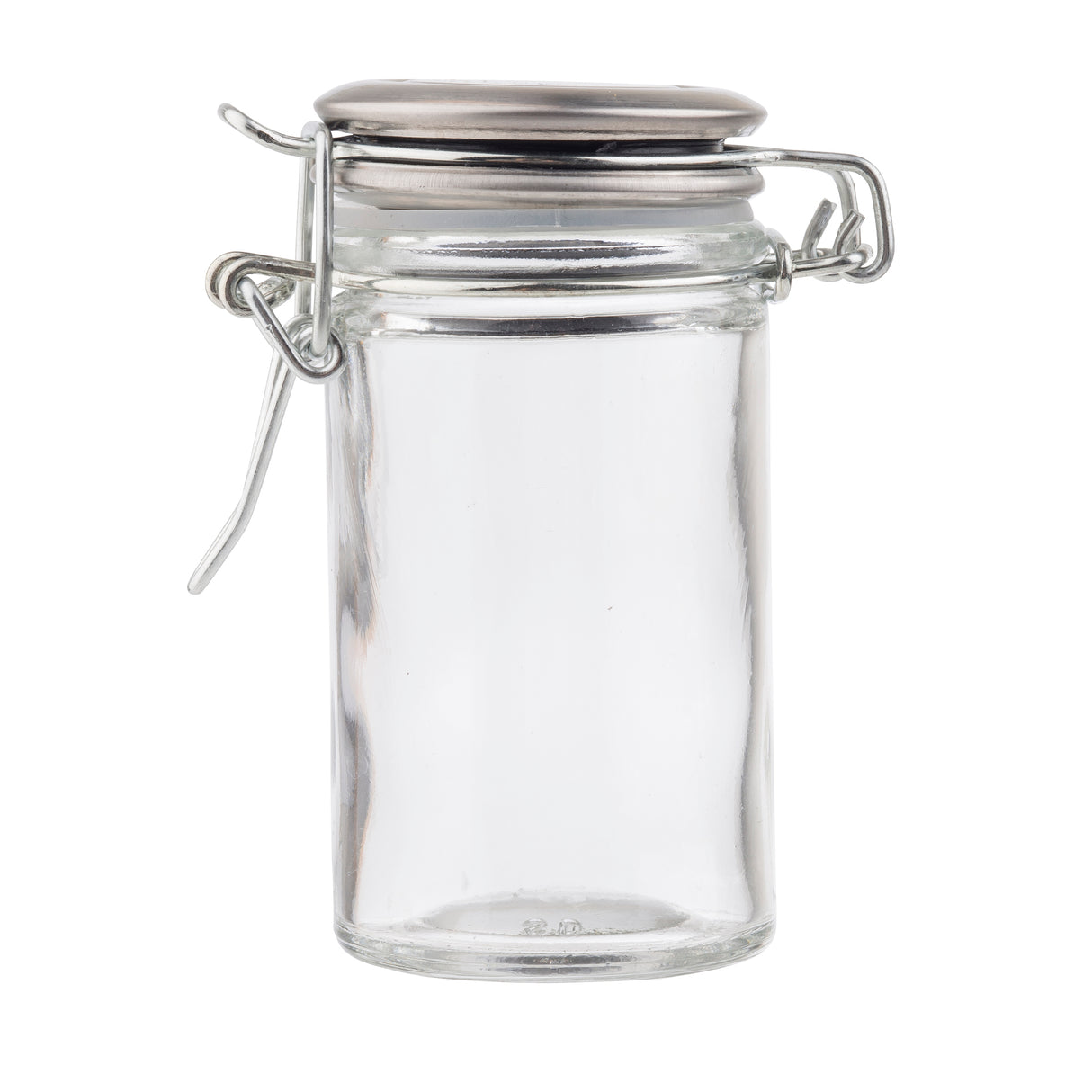 A clear, empty glass jar with a round base and tall sides, sealed with a resealable hinged clasp and a flat, stainless steel lid. Perfect for spice jars, it is photographed against a white background.