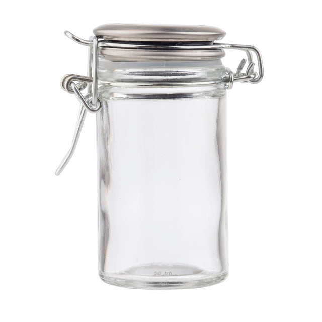 A clear, empty glass jar with a round base and tall sides, sealed with a resealable hinged clasp and a flat, stainless steel lid. Perfect for spice jars, it is photographed against a white background.