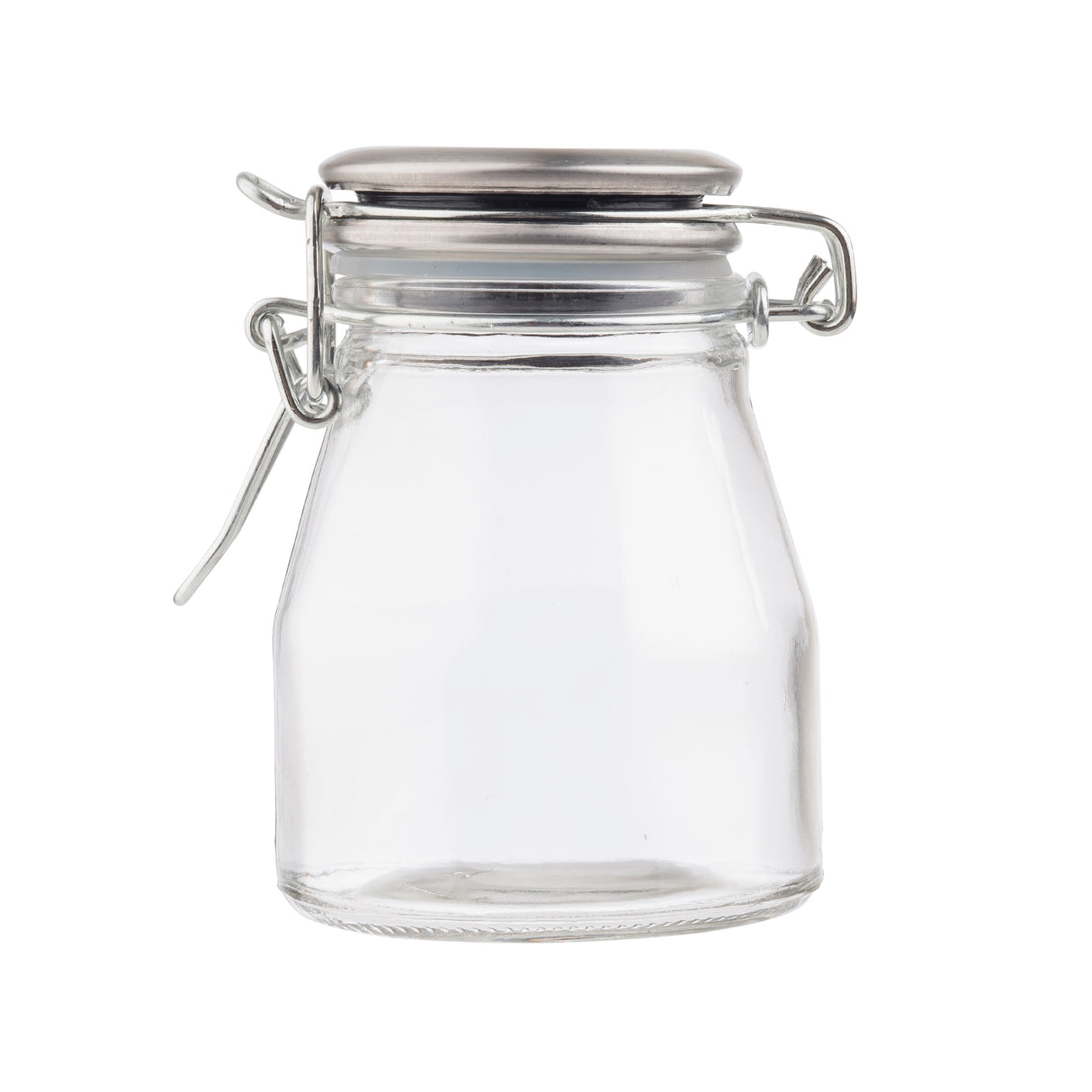 A small, empty clear glass spice jar with a wide mouth and a resealable stainless steel clamp lid. The lid features a metal hinge and latch mechanism, and the clean jar sits upright on a white background with no label or content inside.