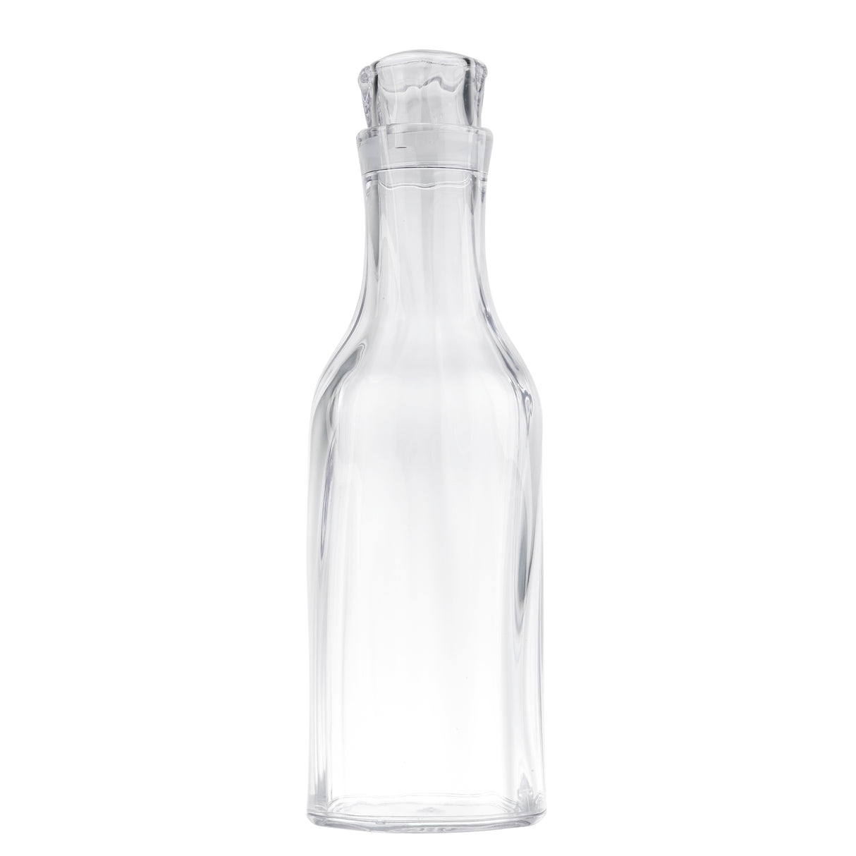 A clear, empty glass carafe with a wide base, narrow neck, and fitted glass stopper. The 1-1/2 qt cylindrical bottle curves outward at the shoulders and stands upright against a plain white background.