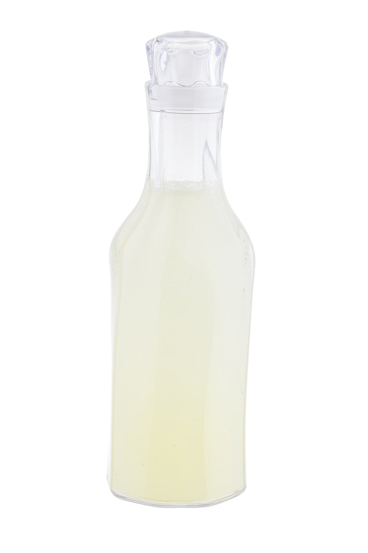 A clear glass carafe with a stopper, filled with a pale yellow liquid. The bottle has smooth, slightly curved sides and a narrow neck. The background is plain white, making the 1-1/2 qt carafe and its contents clearly visible.