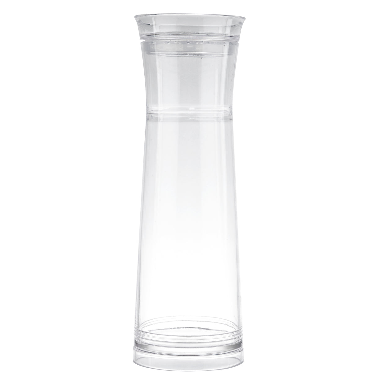 A tall, clear glass carafe with a slightly flared rim and narrow neck sits against a plain white background. Featuring a simple, minimalist design, this carafe comes with a strainer for easy gravity flow pouring.
