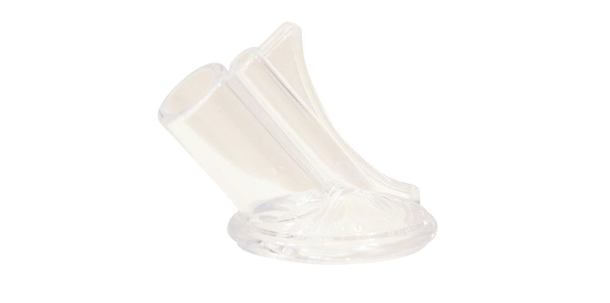 A clear, plastic, angled TableCraft stand with two slots and a circular base holds items upright for display or organization. Set against a white background, it is dishwasher safe—ideal for showcasing PourMaster Replacement Spouts.