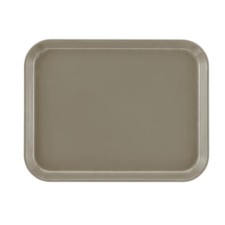 A rectangular taupe Camtray with rounded corners and a slightly raised edge, viewed from above on a plain white background. This high-impact fiberglass tray has a smooth, unadorned surface and is fully dishwasher safe.