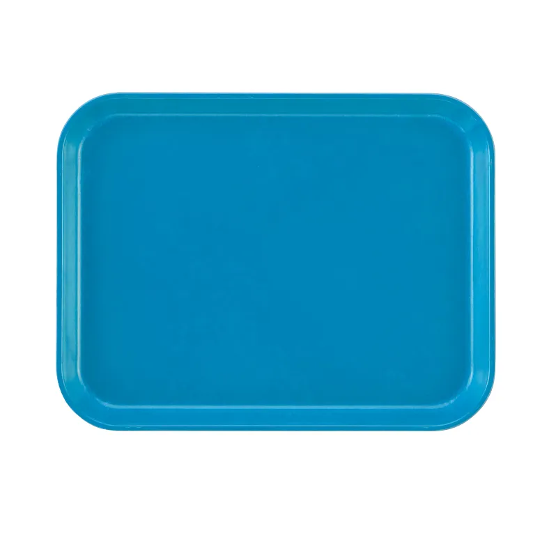 A rectangular, bright blue Camtray made from high-impact fiberglass with rounded corners and slightly raised edges is shown against a plain white background. The smooth surface of this dishwasher safe tray is unadorned.