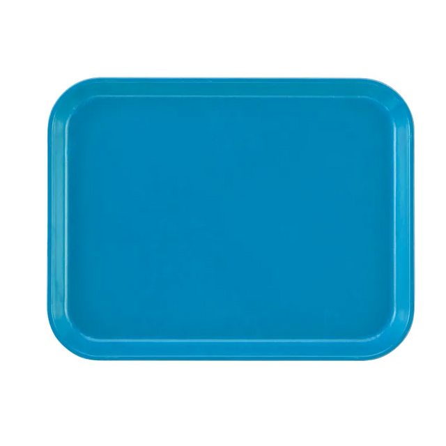 A rectangular, bright blue Camtray made from high-impact fiberglass with rounded corners and slightly raised edges is shown against a plain white background. The smooth surface of this dishwasher safe tray is unadorned.