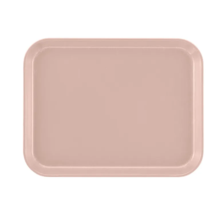 A rectangular, light pink Camtray with rounded corners and raised edges is shown on a white background. Made from high-impact fiberglass, this dishwasher safe tray has a smooth, plain surface and simple design, viewed from above.