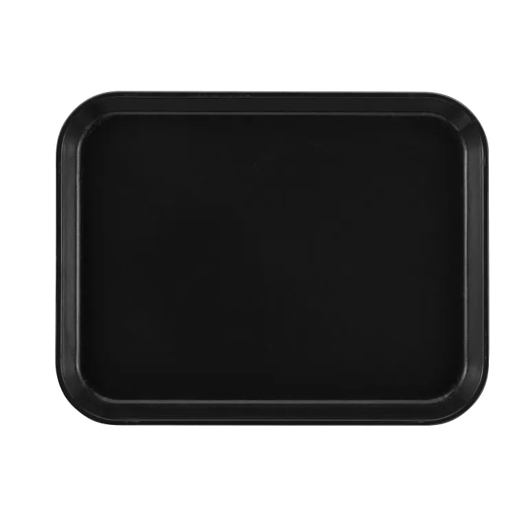A rectangular black Camtray serving tray with rounded corners, viewed from above against a white background. The tray is dishwasher safe with a smooth surface and slightly raised edges to prevent items from sliding off.