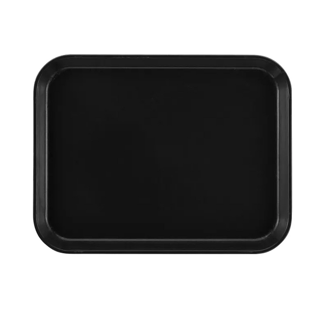 A rectangular black Camtray serving tray with rounded corners, viewed from above against a white background. The tray is dishwasher safe with a smooth surface and slightly raised edges to prevent items from sliding off.