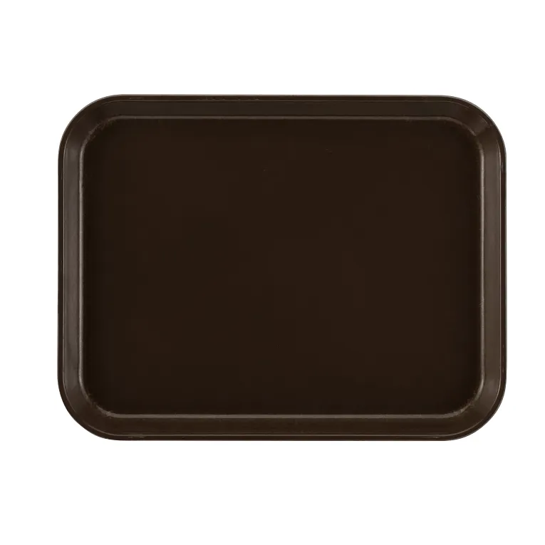 A dark brown Camtray rectangular serving tray with rounded edges, a flat surface, and slightly raised sides, made from high-impact fiberglass and dishwasher safe, shown from above on a white background.