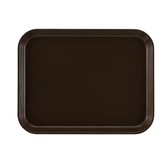 A dark brown Camtray rectangular serving tray with rounded edges, a flat surface, and slightly raised sides, made from high-impact fiberglass and dishwasher safe, shown from above on a white background.