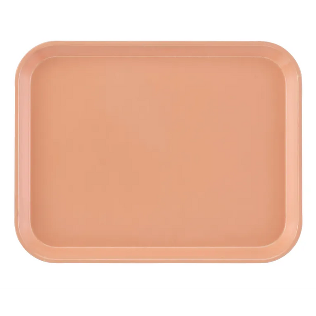A rectangular Camtray with rounded corners and raised edges, shown from above. Made from high-impact fiberglass, the solid peach tray is smooth, unadorned, dishwasher safe, and set against a plain white background to emphasize its minimalist design.
