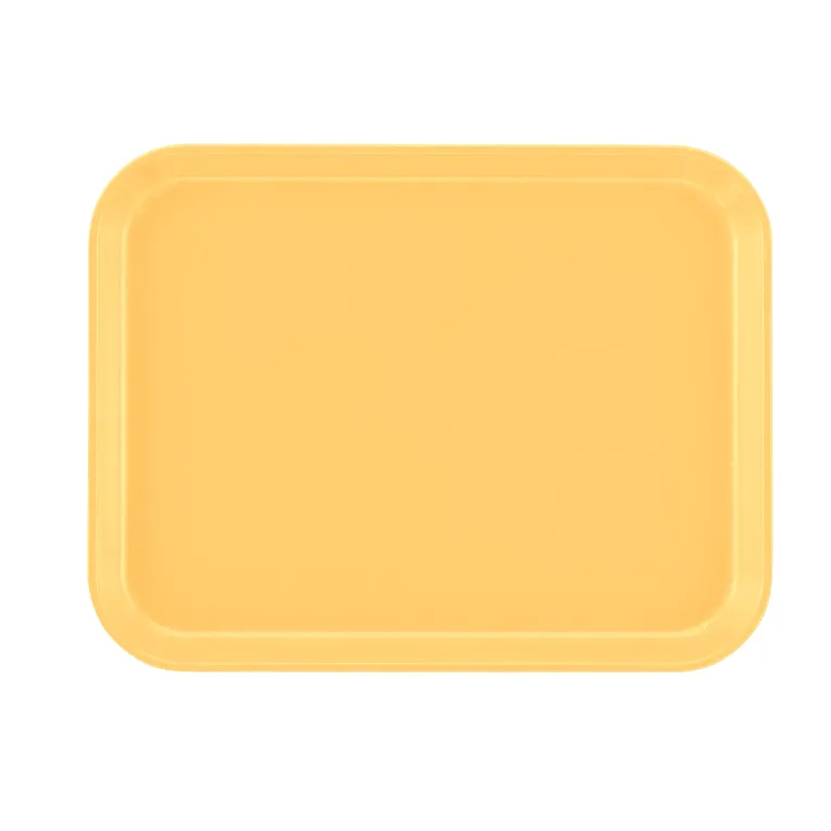 A rectangular yellow Camtray with rounded corners and slightly raised edges, shown from above against a plain white background. The surface is smooth, unadorned, and crafted to be dishwasher safe.