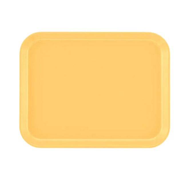 A rectangular yellow Camtray with rounded corners and slightly raised edges, shown from above against a plain white background. The surface is smooth, unadorned, and crafted to be dishwasher safe.