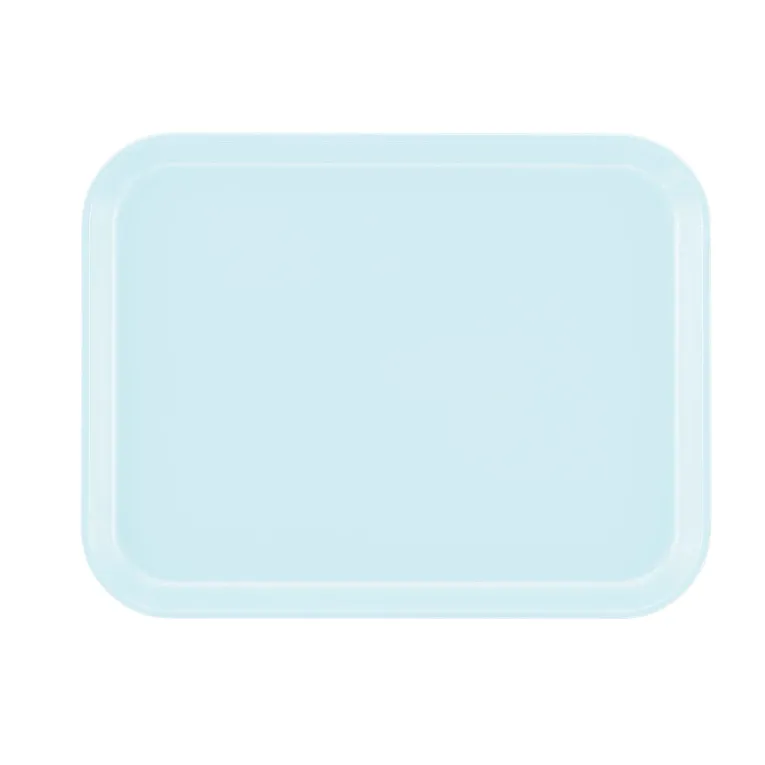 A light blue rectangular Camtray with rounded corners is shown against a plain white background. This high-impact fiberglass tray features a smooth surface and slightly raised edge, offering a simple, modern look and is fully dishwasher safe.