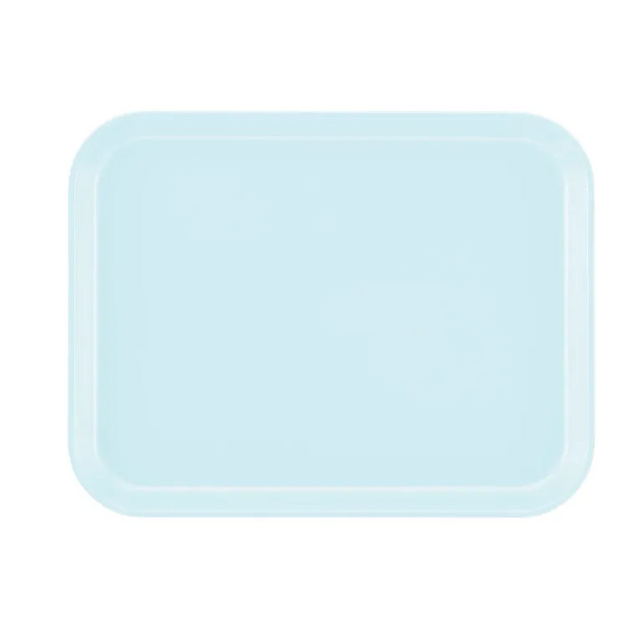 A light blue rectangular Camtray with rounded corners is shown against a plain white background. This high-impact fiberglass tray features a smooth surface and slightly raised edge, offering a simple, modern look and is fully dishwasher safe.