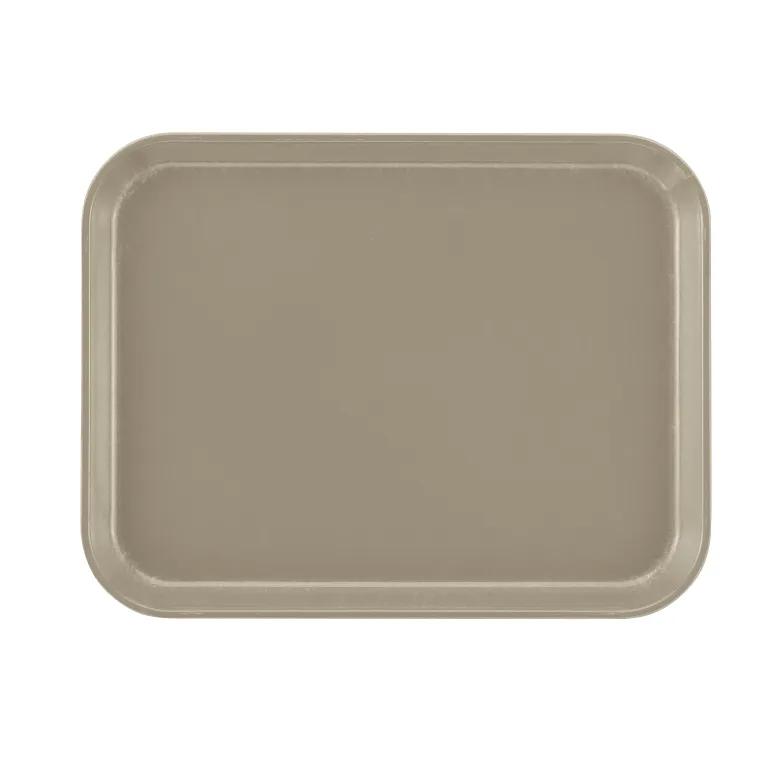 A rectangular beige Camtray with rounded corners, raised edges, and a smooth, matte surface. This high-impact fiberglass tray is placed on a plain white background, with no other objects or decorations present.