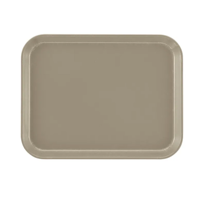 A rectangular beige Camtray with rounded corners, raised edges, and a smooth, matte surface. This high-impact fiberglass tray is placed on a plain white background, with no other objects or decorations present.