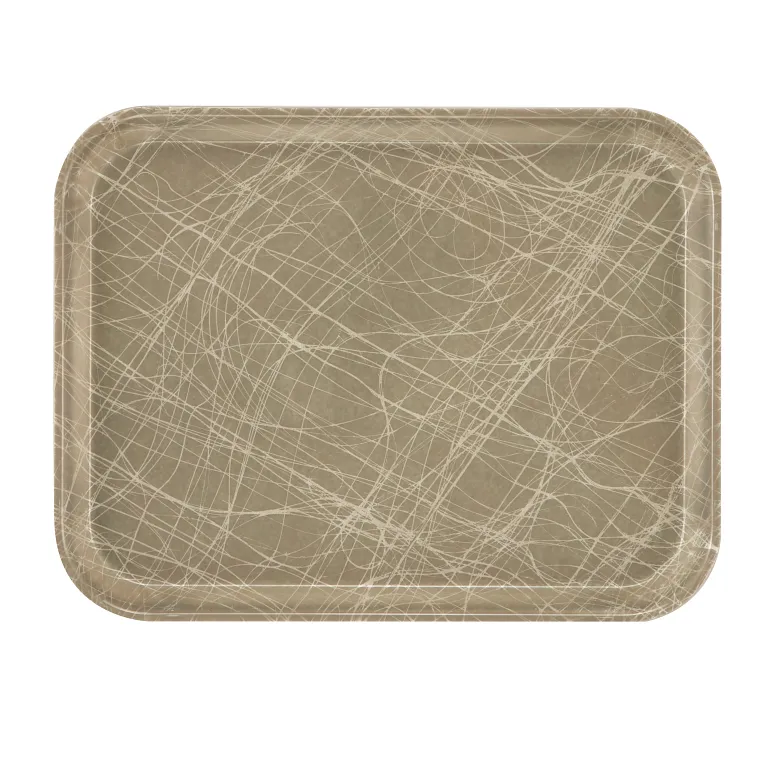 A rectangular brown Camtray, crafted from high-impact fiberglass, with rounded corners and numerous light-colored scratches crisscrossing its surface. Heavy use is evident. The tray is photographed against a plain white background.