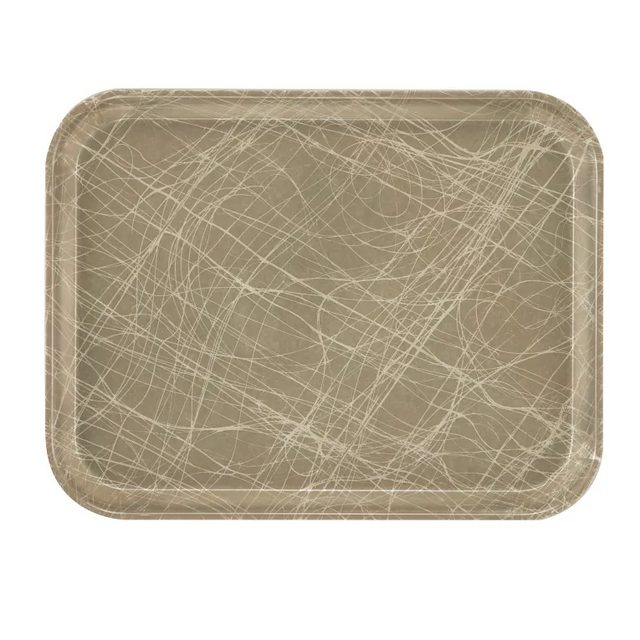 A rectangular brown Camtray, crafted from high-impact fiberglass, with rounded corners and numerous light-colored scratches crisscrossing its surface. Heavy use is evident. The tray is photographed against a plain white background.