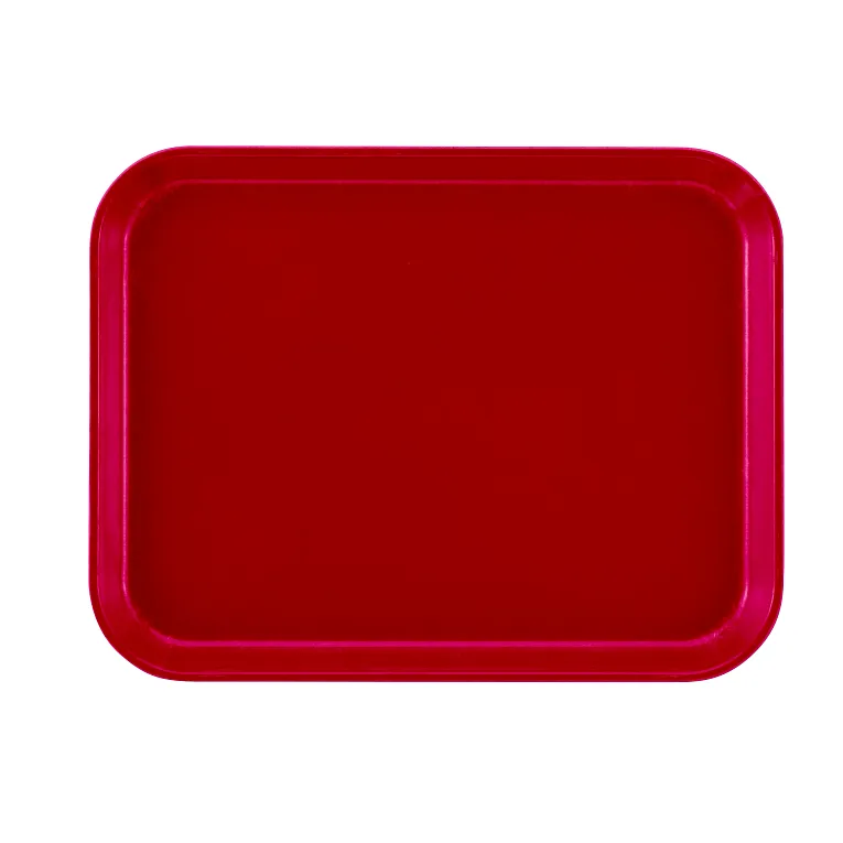 A rectangular, solid red Camtray with slightly curved edges and rounded corners, shown from above on a plain white background. The high-impact fiberglass tray is empty and has a glossy, dishwasher safe surface.
