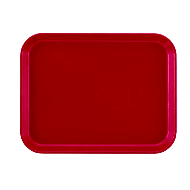 A rectangular, solid red Camtray with slightly curved edges and rounded corners, shown from above on a plain white background. The high-impact fiberglass tray is empty and has a glossy, dishwasher safe surface.