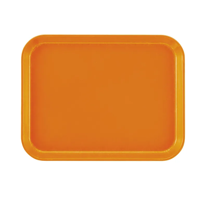 A rectangular orange Camtray with rounded corners and slightly raised edges, shown on a white background. This dishwasher safe tray is unadorned and clean, ideal for serving food or carrying items.
