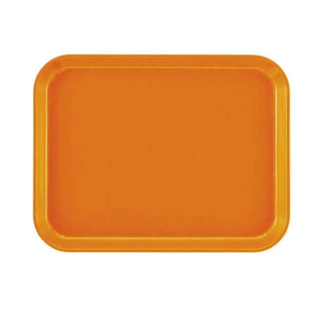 A rectangular orange Camtray with rounded corners and slightly raised edges, shown on a white background. This dishwasher safe tray is unadorned and clean, ideal for serving food or carrying items.