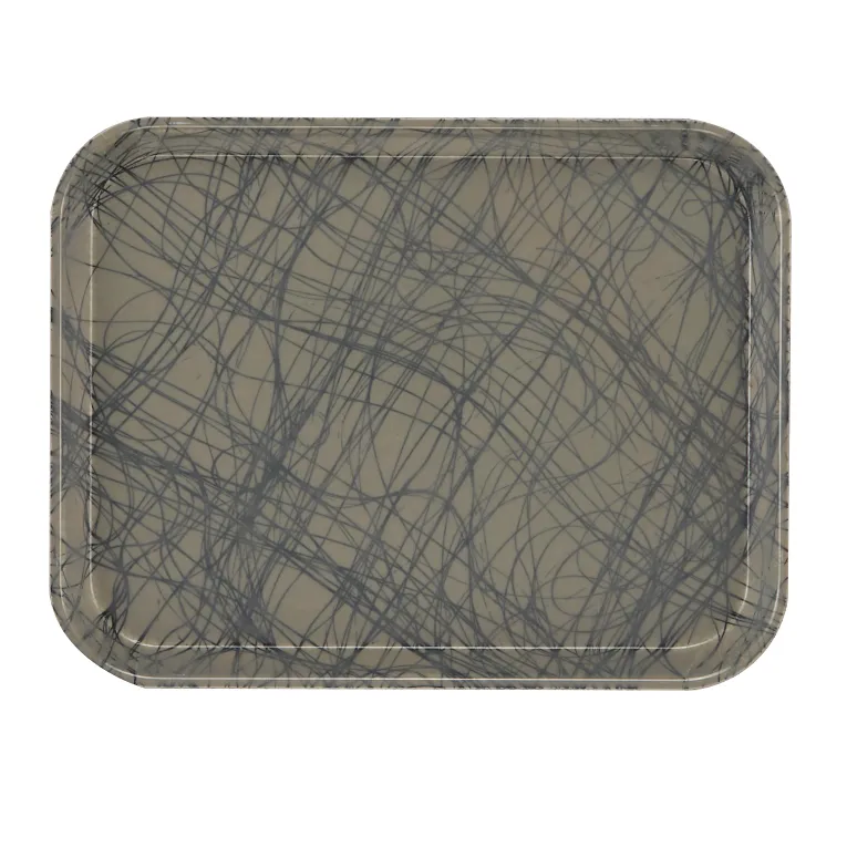 A rectangular Camtray with rounded corners, crafted from high-impact fiberglass and featuring a glossy gray surface adorned with abstract intersecting dark gray and black scribble-like lines. This tray is dishwasher safe with a slightly raised edge.