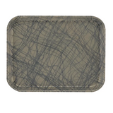 A rectangular Camtray with rounded corners, crafted from high-impact fiberglass and featuring a glossy gray surface adorned with abstract intersecting dark gray and black scribble-like lines. This tray is dishwasher safe with a slightly raised edge.