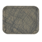 A rectangular Camtray with rounded corners, crafted from high-impact fiberglass and featuring a glossy gray surface adorned with abstract intersecting dark gray and black scribble-like lines. This tray is dishwasher safe with a slightly raised edge.